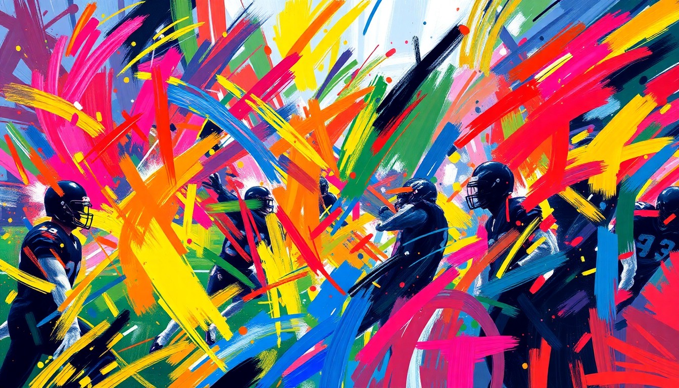 An abstract, vibrant painting featuring swirling neon colors and energetic brushstrokes that convey the raw power and intensity of a football practice session.