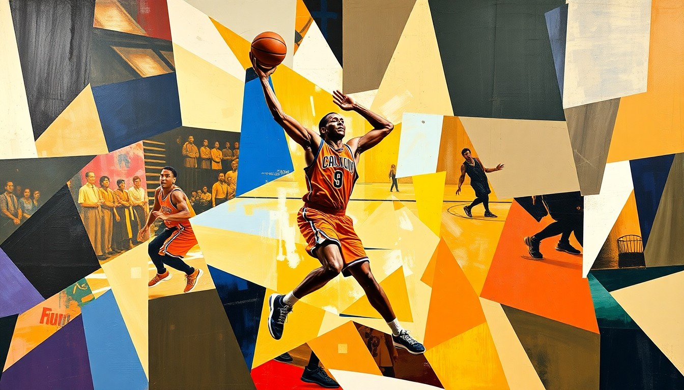 A fractured, geometric painting depicting a basketball player's figure broken down into overlapping planes of color and shape, conveying the energy and movement of the sport.