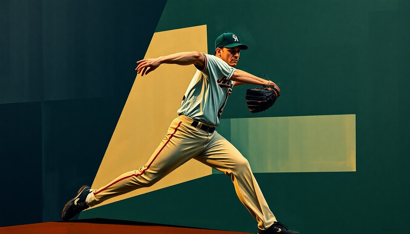 A cubist, geometric painting depicting a baseball pitcher's motion broken down into overlapping planes of navy, forest green, and burnt sienna, conveying the complexities and difficulties the Mets have faced in their bullpen this season.