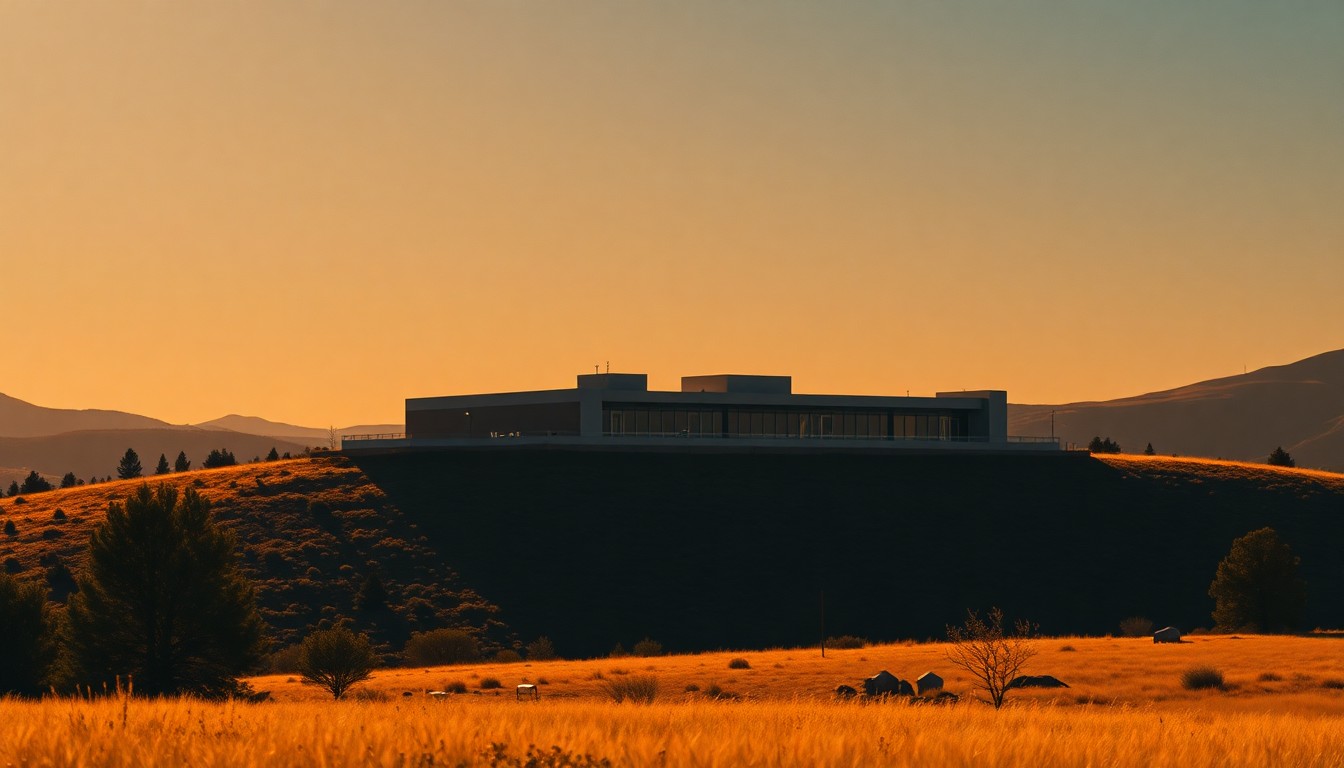 A serene, cinematic painting of the NCAR facility in Boulder, Colorado, with the building bathed in warm, diagonal sunlight and deep shadows, conveying a sense of quiet contemplation and the gravity of the situation surrounding the potential dismantling of this vital research institution.