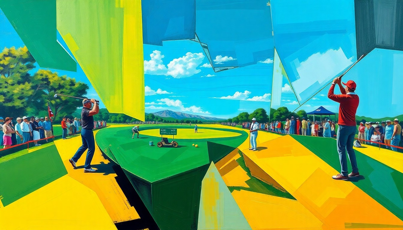 A cubist, geometric painting depicting a golf game or match at the Par Three Contest, with sharp, overlapping planes of color representing the various perspectives and energy of the event.