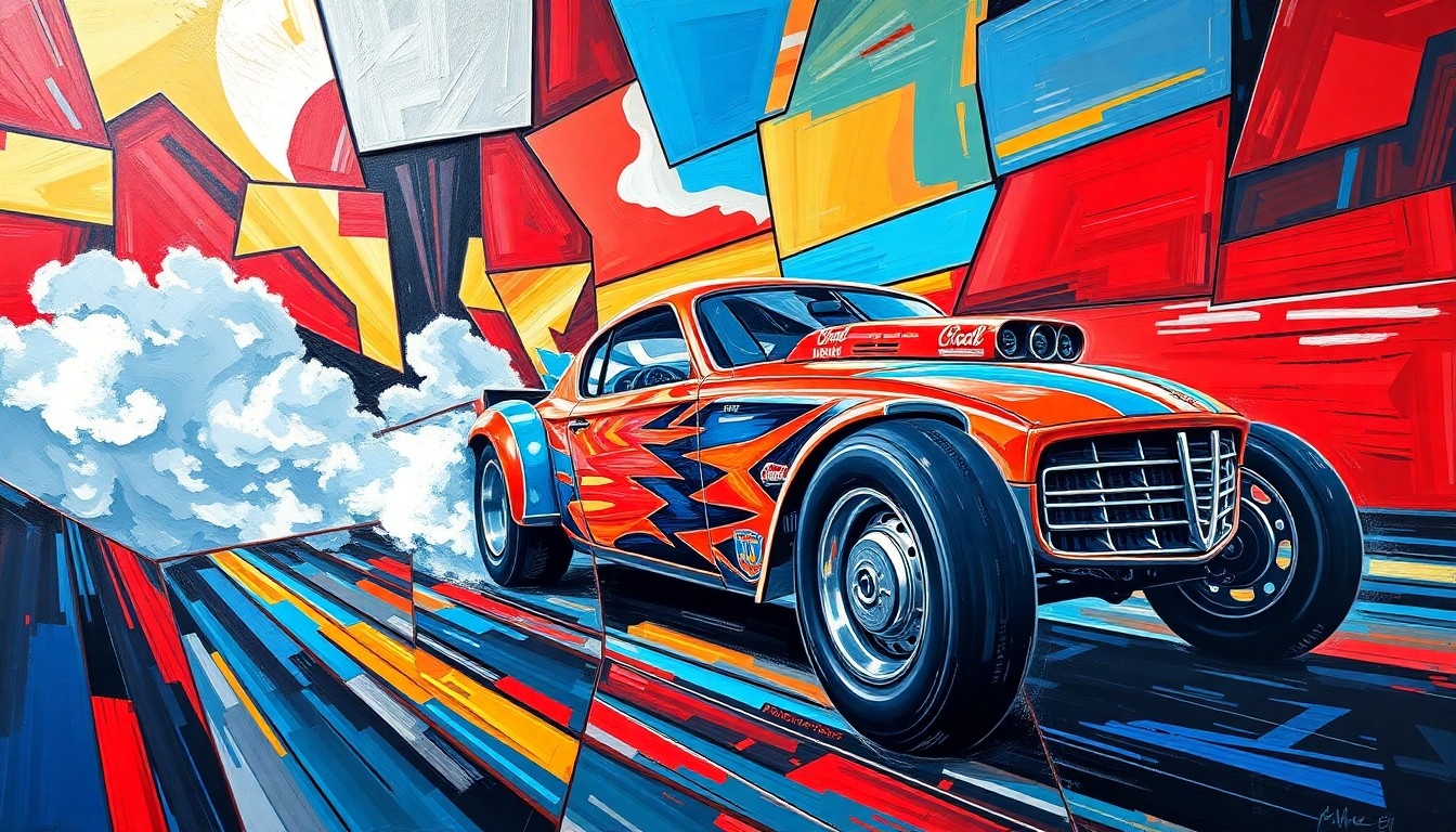A cubist, geometric painting depicting a fragmented drag racing scene, with overlapping planes of vibrant colors like red, blue, and silver, capturing the intense energy and motion of the sport.