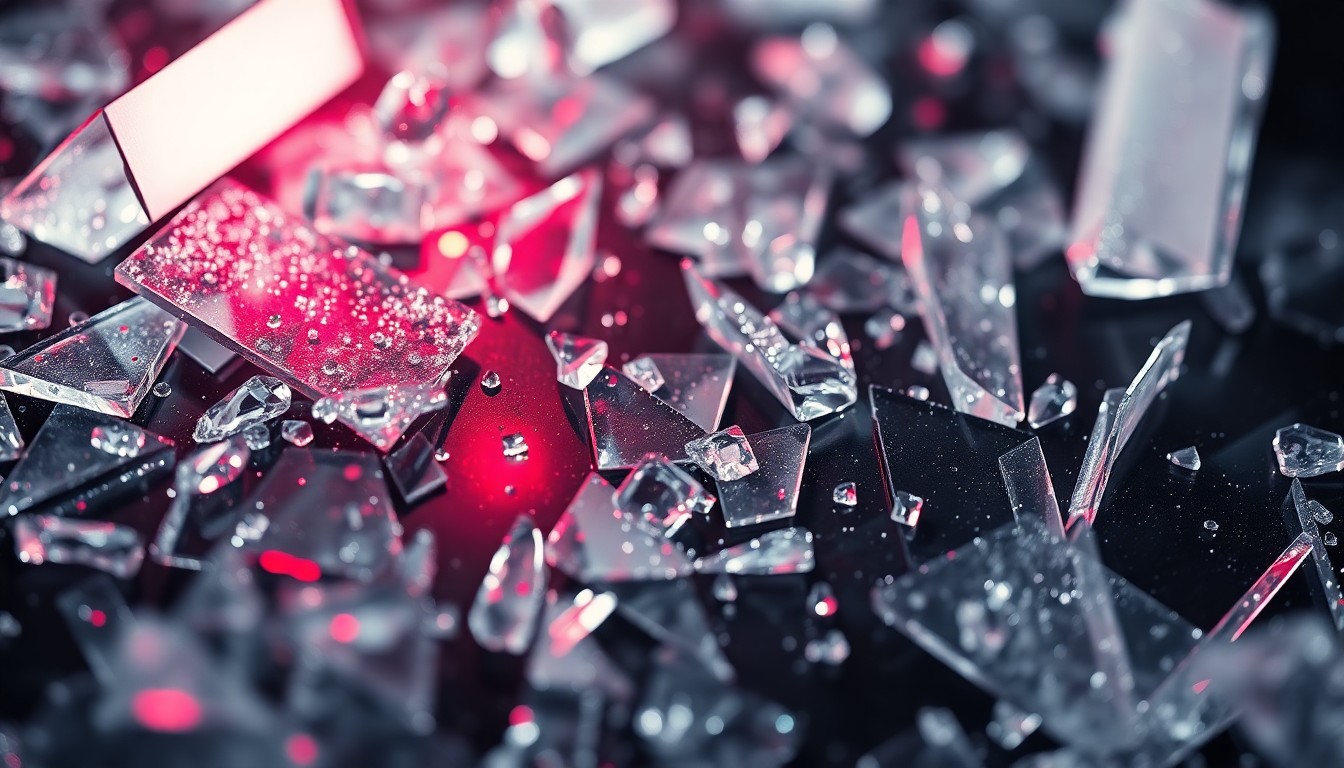 An abstract close-up photograph of shattered glass and glittering shards, reflecting a faint red light, conceptually representing the eerie and unsettling atmosphere of the upcoming horror film.