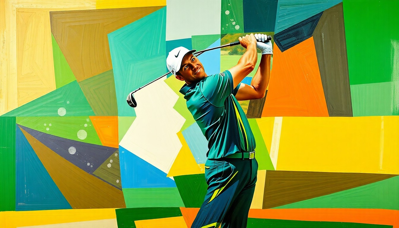 A cubist, geometric painting depicting Brooks Koepka's golf swing in overlapping, fragmented planes of color, conceptually representing his ability to adapt and overcome technical challenges during the Masters tournament.
