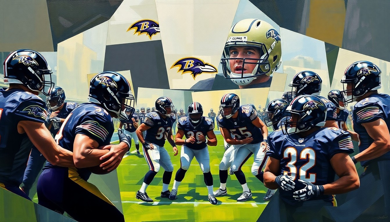 A fragmented, geometric painting depicting a Ravens football game or practice, with the players' uniforms and equipment visible but their faces and identities obscured, creating a dynamic, multi-perspective visual representation of the team's rising young talent.