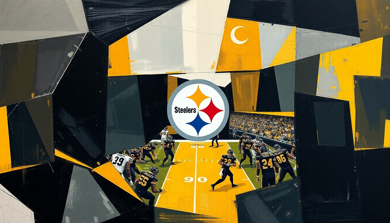 A cubist, geometric painting depicting a Steelers football game or practice, with sharp, overlapping planes of black, gold, and steel grey, capturing the dynamic energy and uncertainty of the team's quarterback situation.