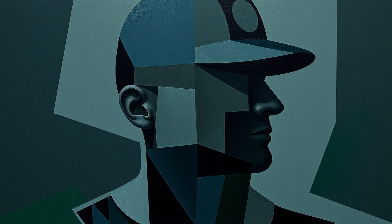 A fragmented, geometric painting depicting the silhouette of a baseball umpire, with sharp planes of navy, slate gray, and forest green overlapping to create a conceptual representation of the sport's officiating.