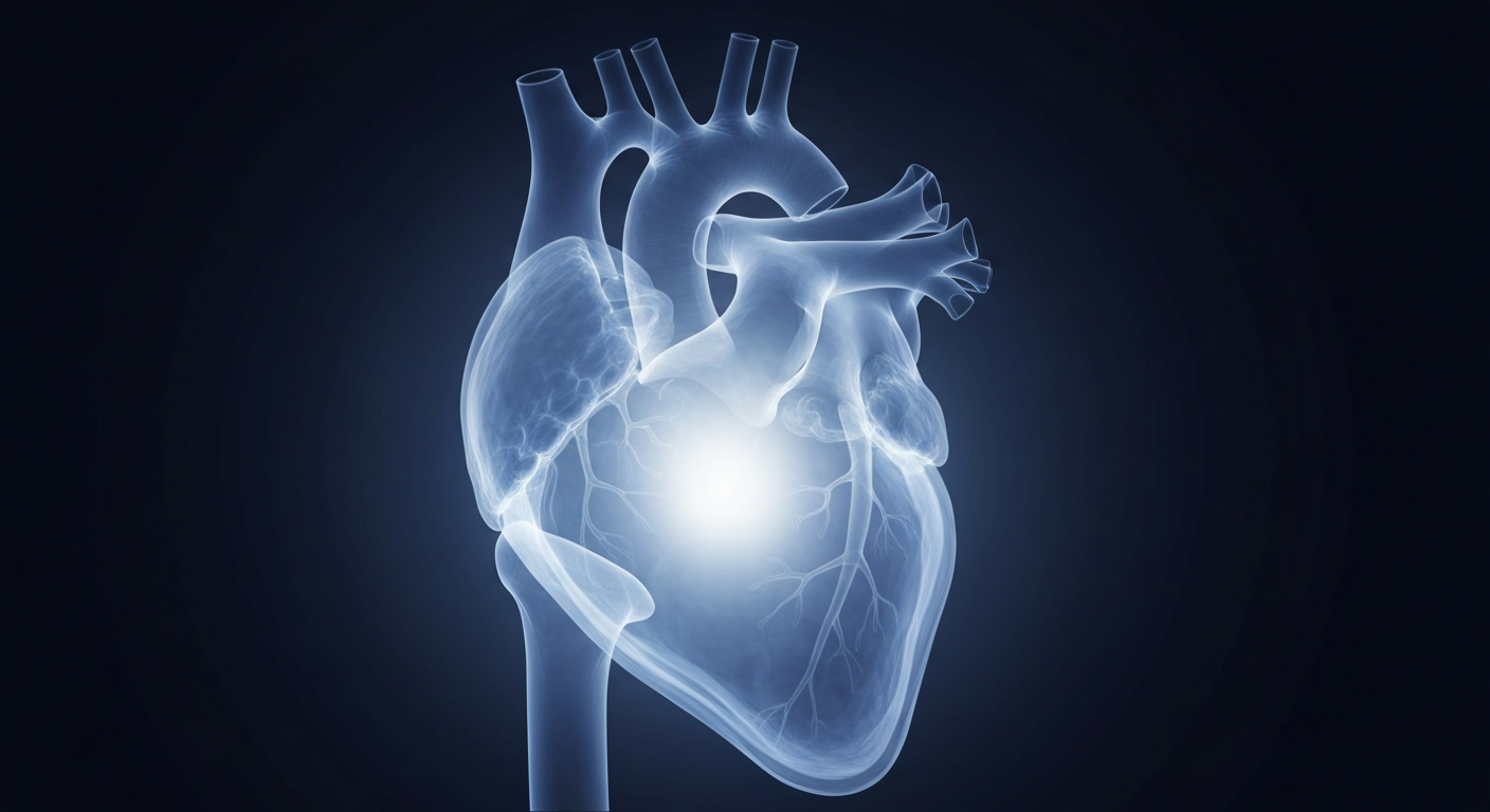 A ghostly, glowing X-ray image of a human heart, rendered in shades of blue and gray, conceptually representing the inner strength and resilience of the human spirit.