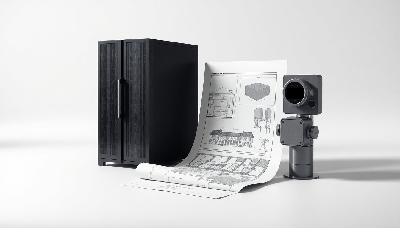A photorealistic studio still-life featuring a sleek data server rack, a blueprint for a new housing development, and a utility meter, arranged elegantly on a clean background to conceptually represent the technological, infrastructure, and urban planning issues facing the local community.