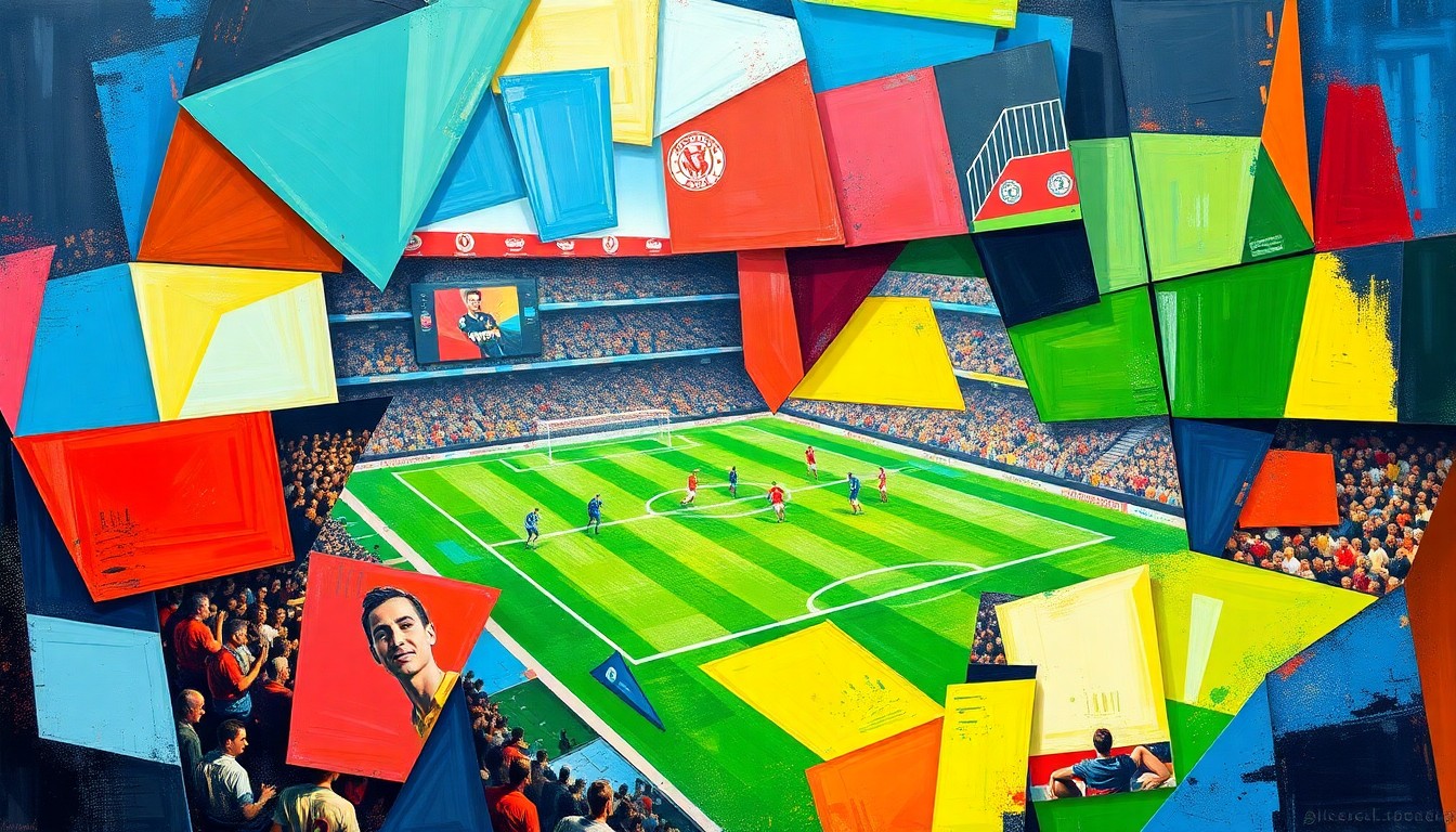 A fractured, cubist-style painting depicting the silhouettes of two figures in a tense, confrontational pose, representing the emotional turmoil of a relationship breakup, rendered in a palette of bold, clashing colors.