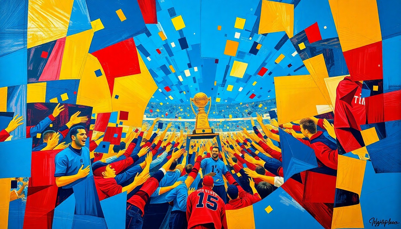 A cubist, geometric painting depicting the celebration of a college hockey championship, with overlapping planes of blue, gold, and red conveying the raw energy and excitement of the moment.