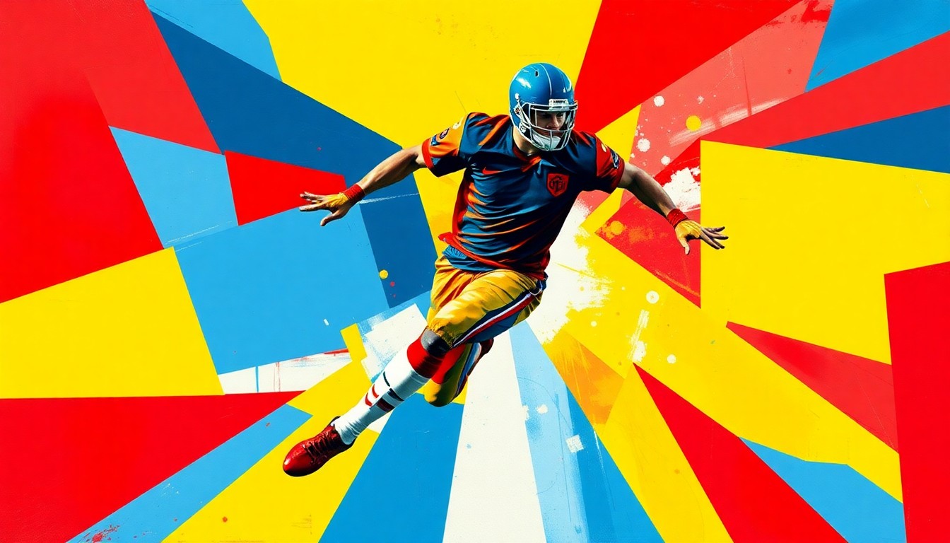 A cubist-style painting depicting a football player in motion, broken down into sharp, overlapping geometric shapes in a vibrant color palette, conveying the uncertainty and fragmentation surrounding Jalen Brown's situation.