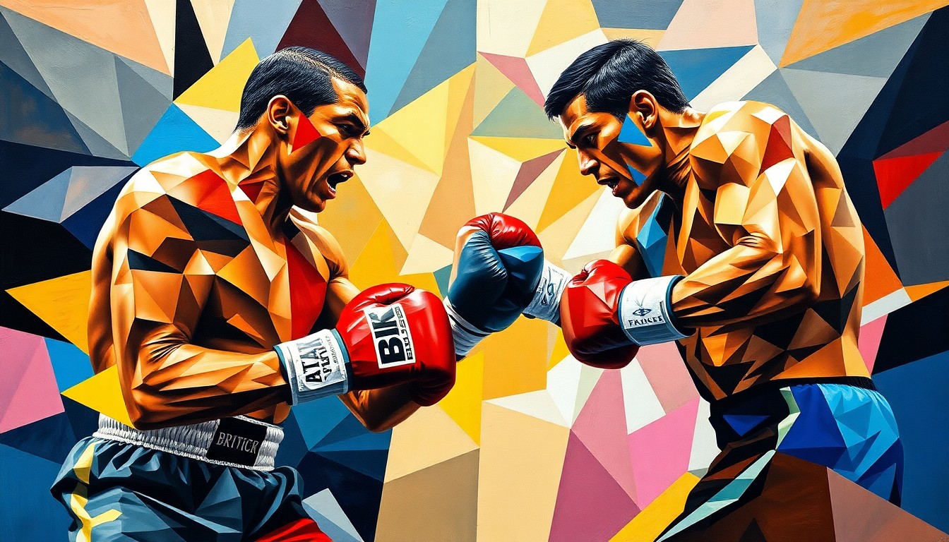 A cubist-style painting depicting the intense physicality of a heavyweight boxing match, with the fighters' bodies broken down into sharp, overlapping geometric shapes in a vibrant color palette.
