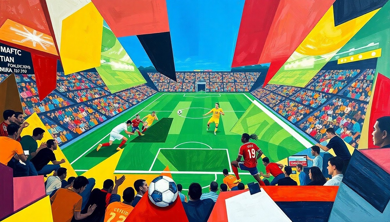 A fractured, multi-perspective painting depicting a football match between Scotland and Namibia, with the players and pitch broken down into sharp, overlapping geometric shapes in a vibrant, energetic composition.