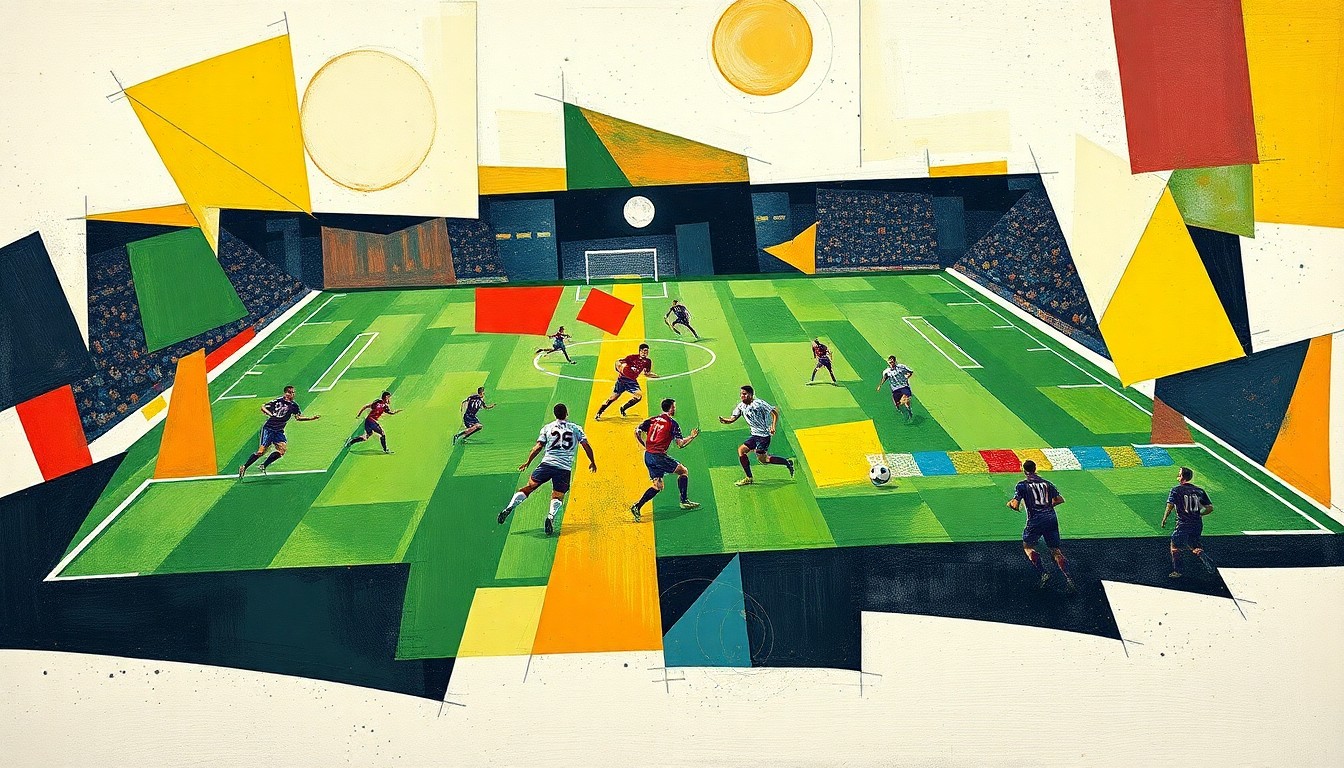 A cubist, geometric painting depicting the dynamic motion and energy of a football training session, with players and the field broken down into abstract shapes and planes.