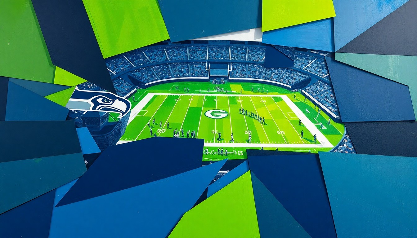 A cubist, geometric painting depicting a Seahawks football game, with sharp, overlapping planes of navy blue, lime green, and silver, capturing the dynamic and multifaceted nature of the team's draft strategy.