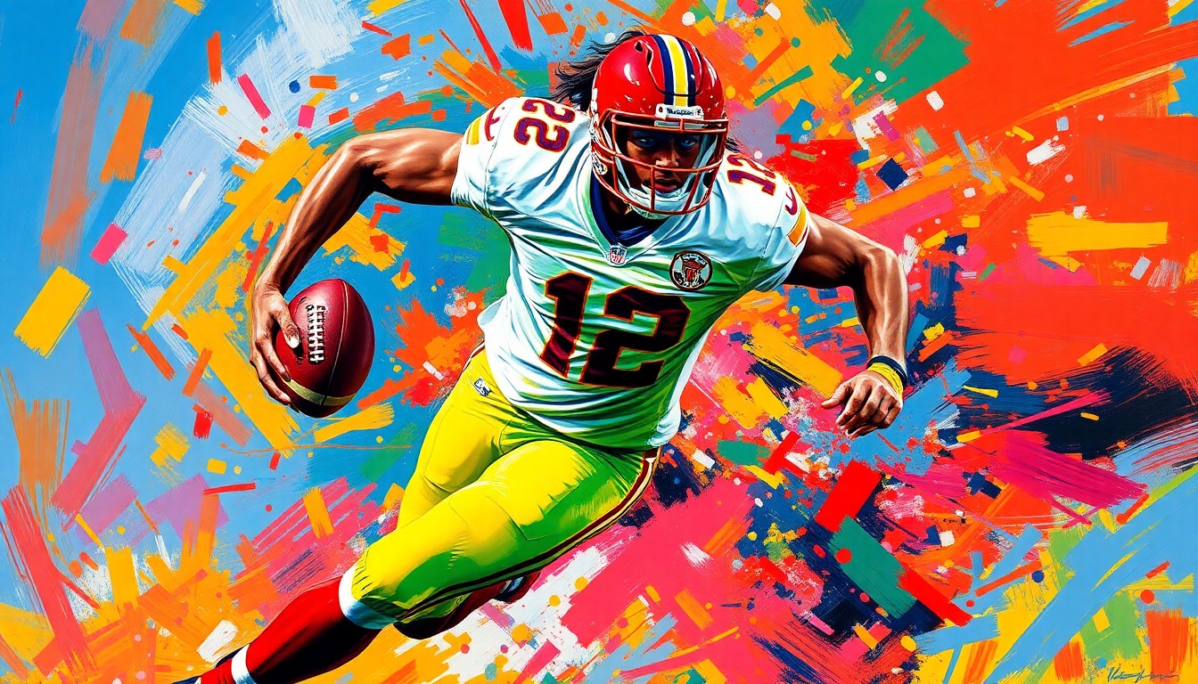 An abstract, energetic painting featuring bold brushstrokes and neon colors that evoke the dynamic movement and intensity of a talented running back on the football field.