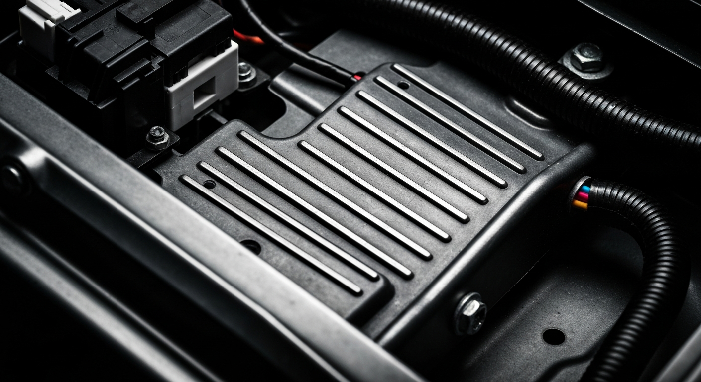 An extreme close-up photograph showcasing the intricate textures and materials that make up a car's electrical system, captured in a high-contrast, dramatic lighting style that emphasizes the technical complexity hidden beneath the vehicle's exterior.