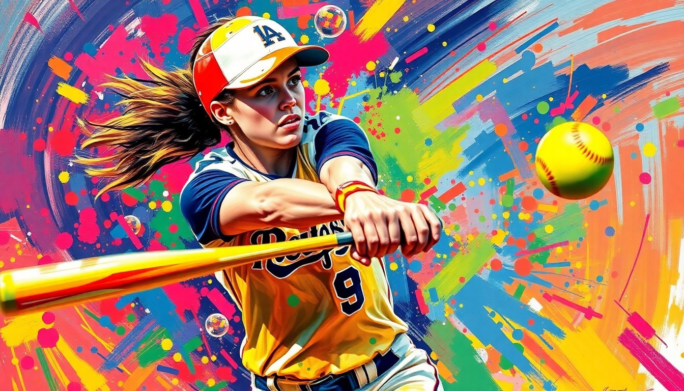 An abstract, expressionist painting in neon colors capturing the dynamic motion and power of a softball player's swing, with the player's face and uniform details dissolved into unrecognizable splatters of color.