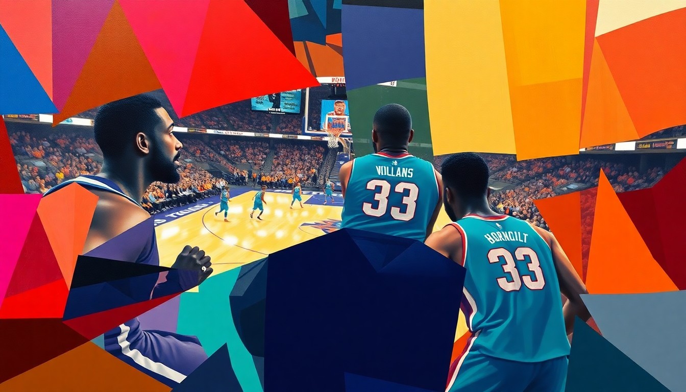 A fragmented, multi-angled painting depicting a basketball game between the Charlotte Hornets and New York Knicks, with the players' forms broken down into sharp, overlapping geometric shapes in a cubist style, capturing the raw energy and motion of the sport.