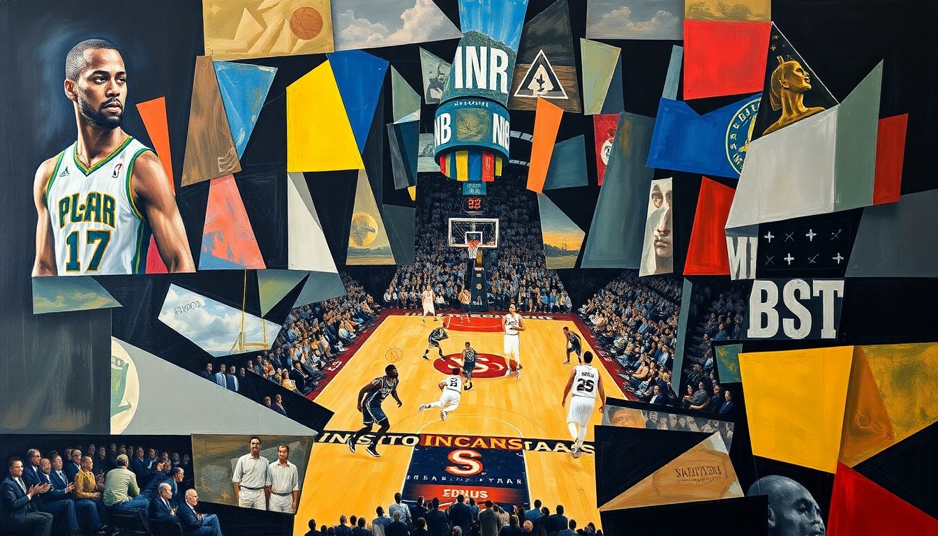 A fragmented, cubist-style painting depicting a basketball game, with the players and court broken down into sharp, angular geometric shapes in a variety of bright colors, conveying the strategic considerations behind the Nuggets' lineup decisions.