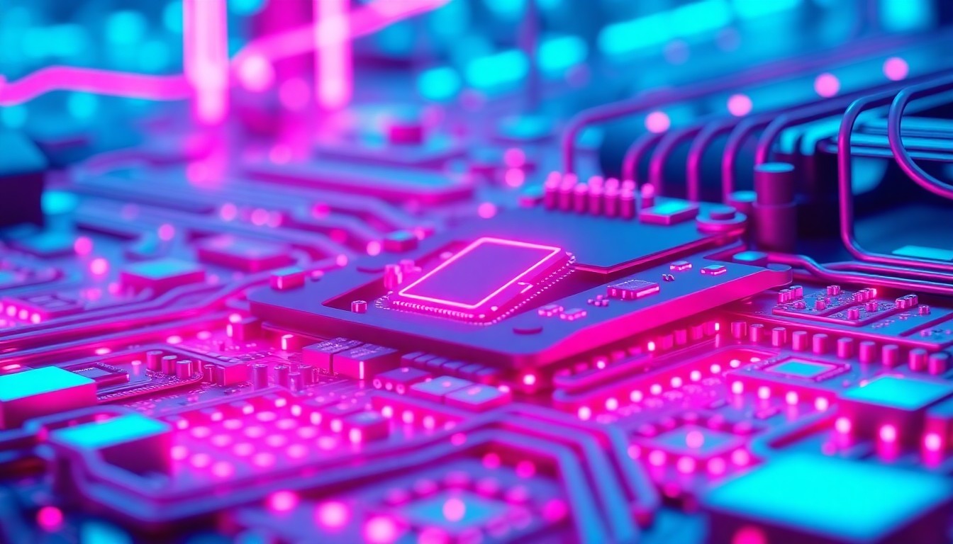 A highly detailed, glowing 3D illustration of a futuristic semiconductor chip or data center infrastructure, with intricate circuits and components illuminated by neon cyan and magenta lights, conveying the power and complexity of the underlying technology driving the AI and semiconductor boom.