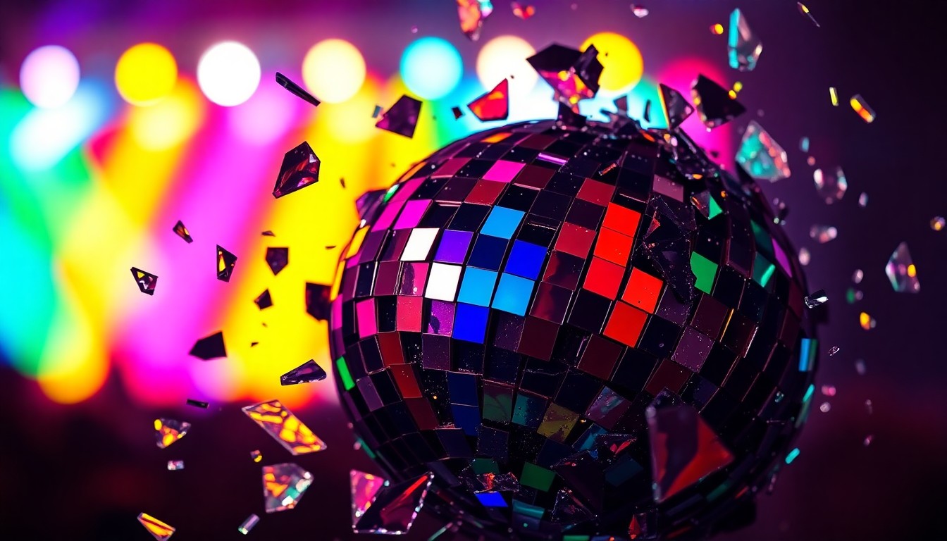 An abstract close-up image of shattered glass fragments reflecting colorful stage lights, conveying the divisive response to Justin Bieber's Coachella set.