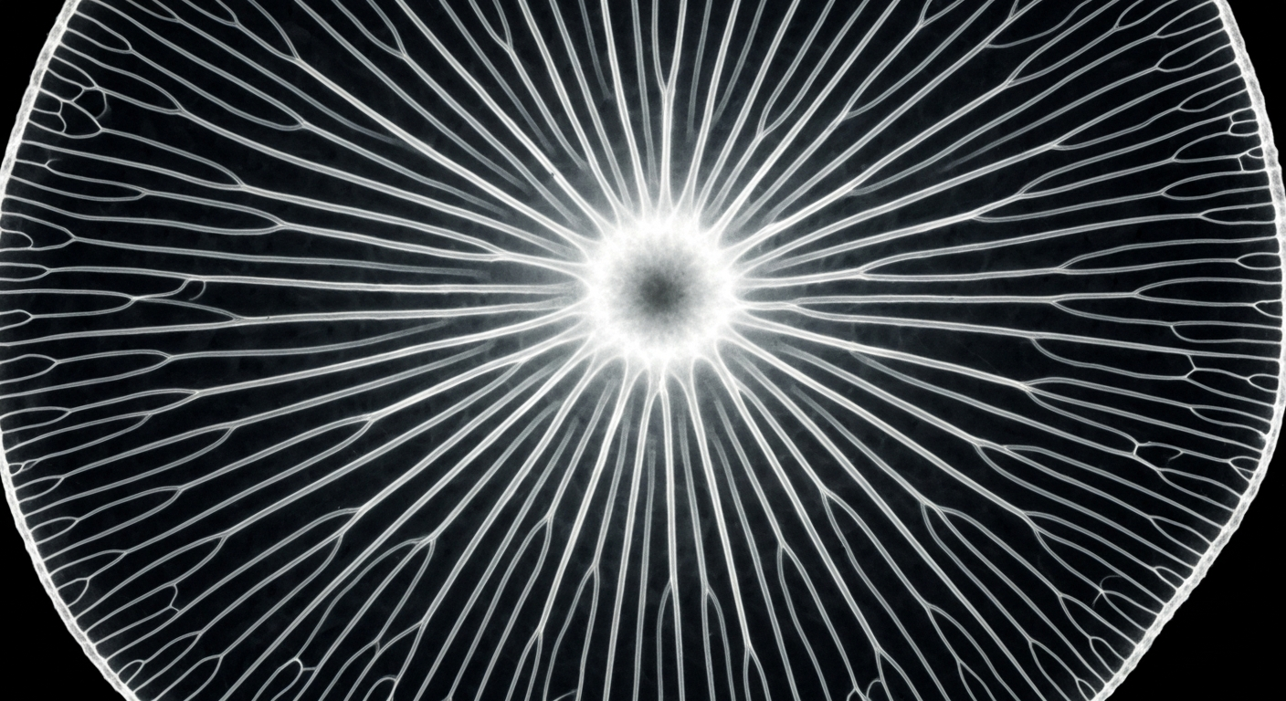 A detailed, ghostly X-ray image showing the internal structure of a psilocybin mushroom cap, conceptually illustrating the disconnect between the growing public interest and the limited scientific understanding of the substance.
