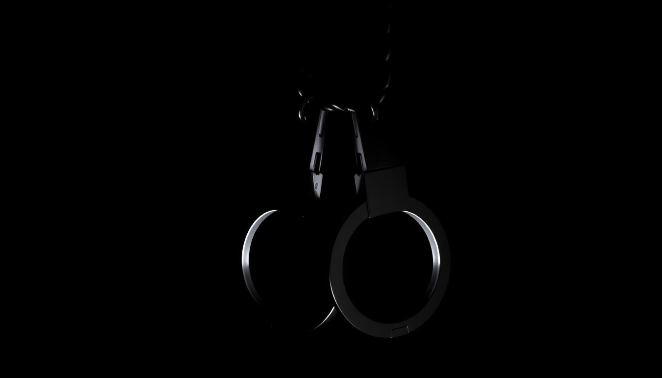 An extreme close-up of a pair of handcuffs against a pitch-black background, creating a stark, investigative aesthetic that conceptually illustrates the arrest of a political candidate.