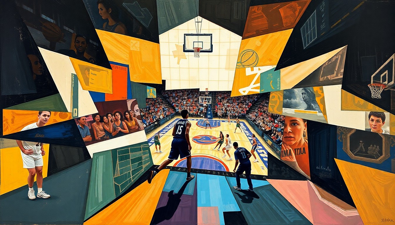A fragmented, geometric painting depicting a WNBA basketball game or match, with players and the court broken down into sharp, overlapping shapes and planes of color, conveying the conceptual idea of a team in transition.