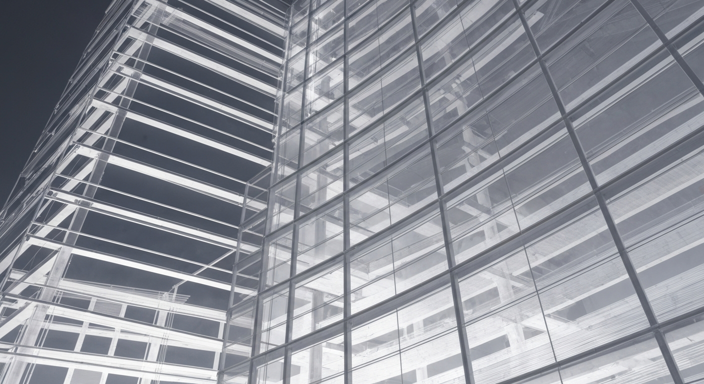 An abstract, ghostly X-ray image revealing the complex internal structures and systems of a modern hospital building, conceptually representing the evolution and technological advancements that have enabled Franciscan Alliance's growth over the past 150 years.