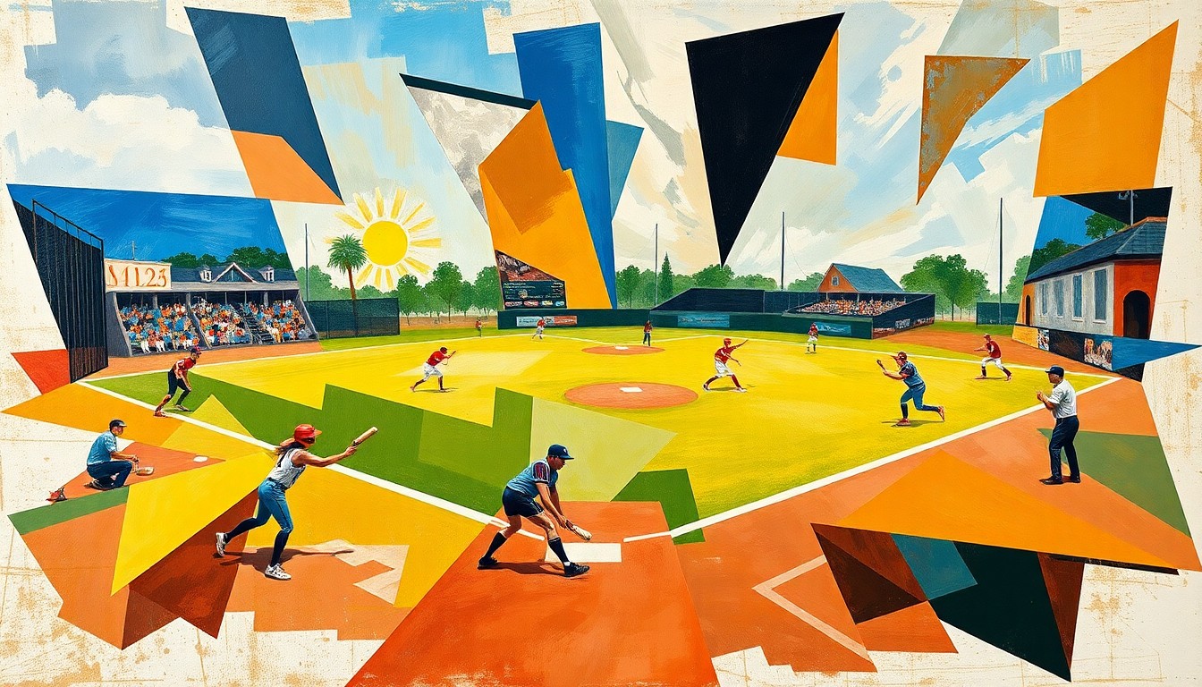 A fractured, geometric painting in the style of Pablo Picasso, breaking down a softball game into sharp, overlapping planes of color and shape, conveying the dynamic energy and competitive spirit of the sport.