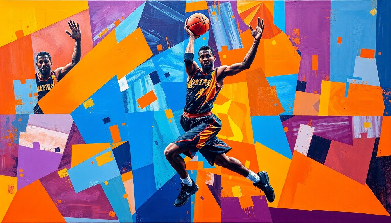 A fragmented, cubist-style painting depicting the movements and actions of a basketball player, with sharp geometric shapes and vibrant colors capturing the dynamic energy of the sport.
