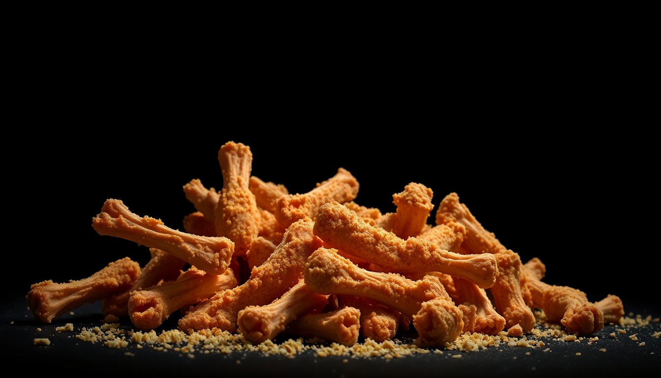 An extreme close-up photograph of a pile of discarded chicken wing bones and breading, capturing the textural details and dramatic lighting to conceptually illustrate the aftermath of a property crime incident.