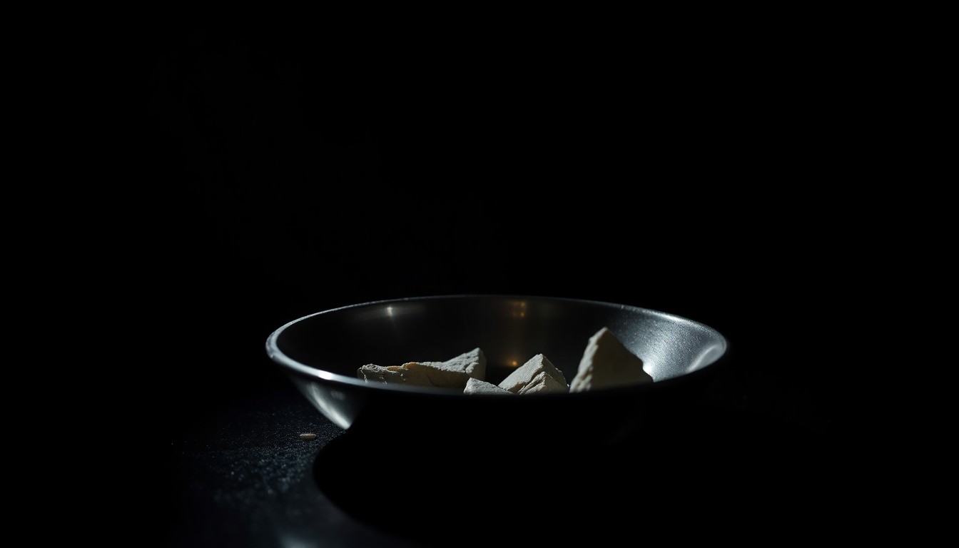 An extreme close-up photograph of a broken church offering plate reflecting harsh, direct camera flash against a pitch-black background, conceptually illustrating the violation of a sacred space.