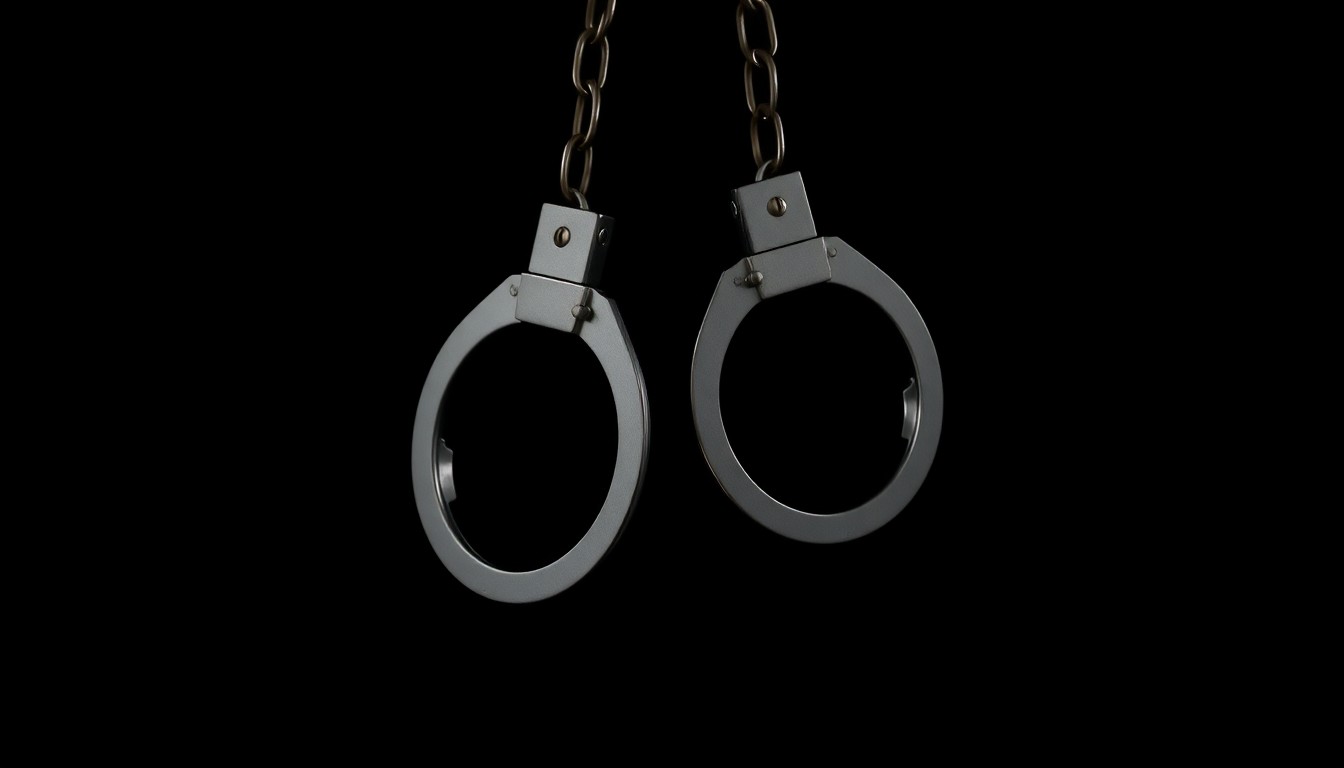 An extreme close-up photograph of a set of handcuffs against a pitch-black background, capturing the gritty, investigative nature of this criminal case.