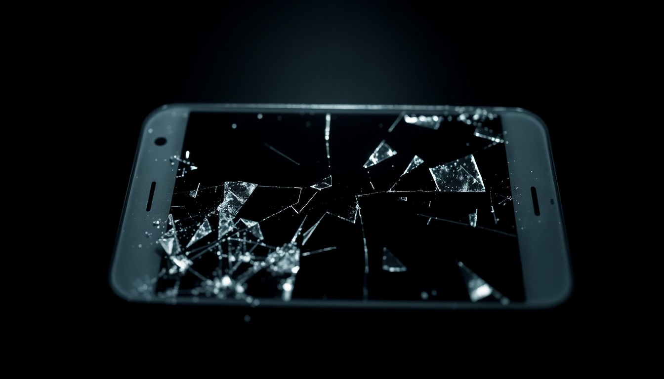 An extreme close-up photograph of a shattered phone screen or broken glass, capturing the harsh, gritty details and dramatic lighting to conceptually represent the violence of a domestic assault incident.