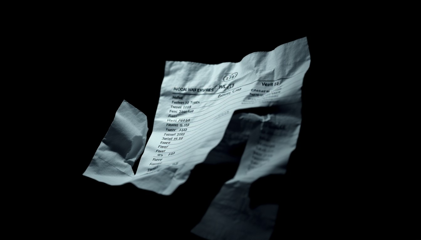 An extreme close-up of a crumpled, torn receipt or invoice, lit by a harsh, direct camera flash against a pitch-black background, creating a stark, gritty, investigative aesthetic.