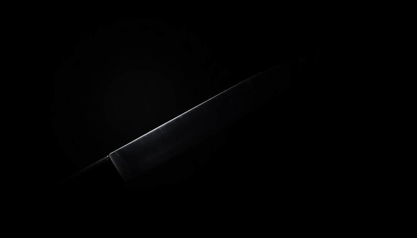 An extreme close-up photograph of a single knife blade against a pitch-black background, lit by a harsh, direct camera flash, conceptually representing the weapon used in a violent attempted robbery.