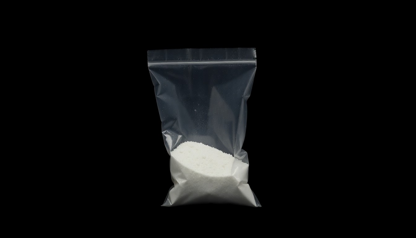 An extreme close-up of a small plastic bag containing a white powdery substance, dramatically lit by a harsh camera flash against a dark background, conceptually representing the drug evidence seized in this arrest.