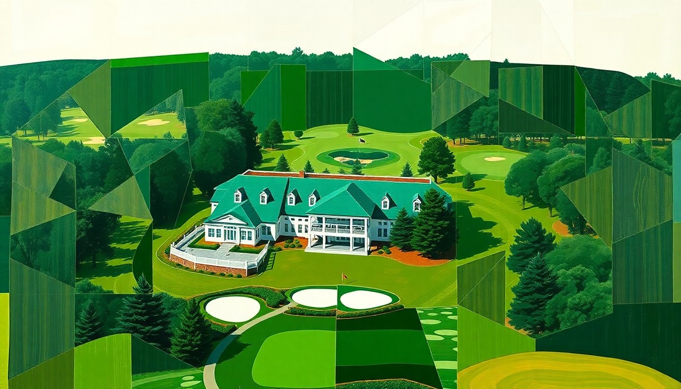 A cubist, geometric illustration depicting the iconic Augusta National Golf Club clubhouse and grounds, broken down into sharp, overlapping planes of deep greens, bright whites, and rich browns, conveying the exclusive and prestigious nature of the Masters tournament.
