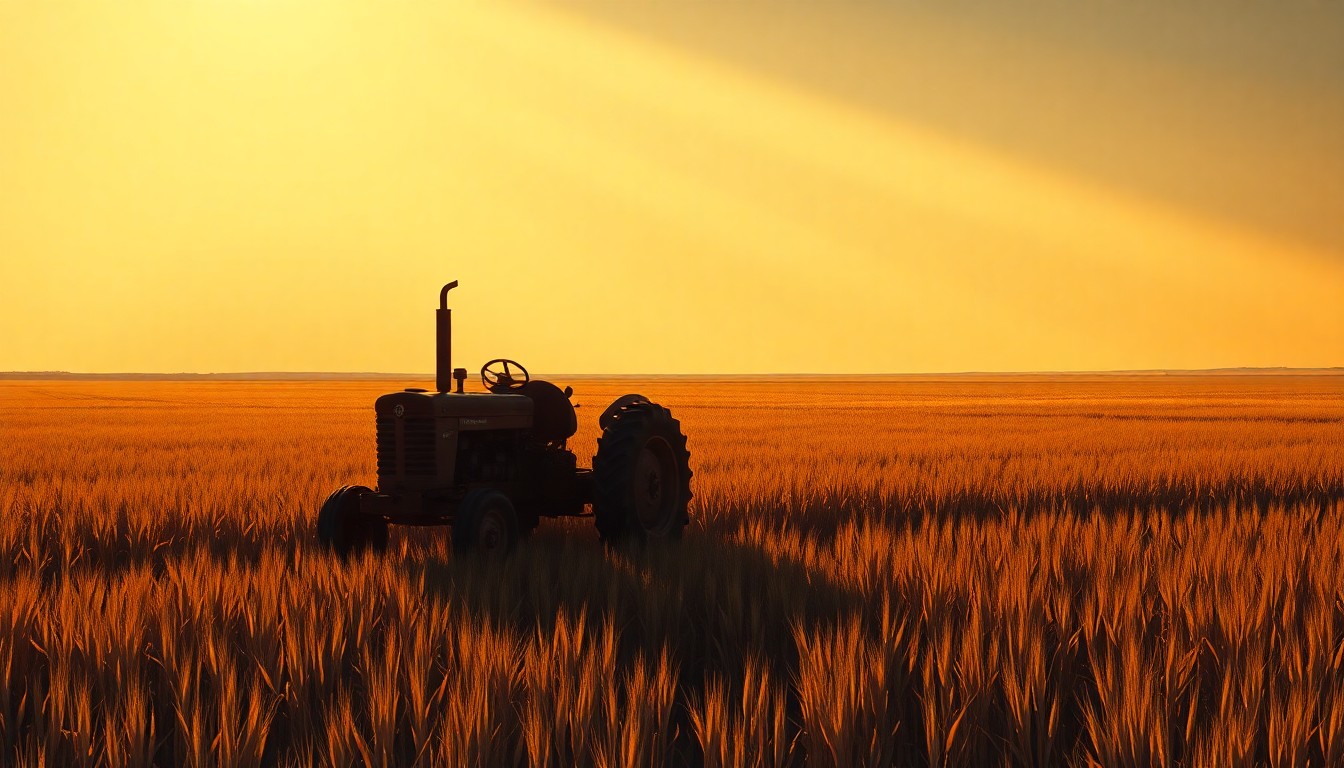 A serene painting of a solitary tractor in a Nebraska cornfield, the machine's form and shadows rendered in muted earth tones and warm, dramatic lighting, conveying a sense of quiet contemplation around the role of technology in modern agriculture.