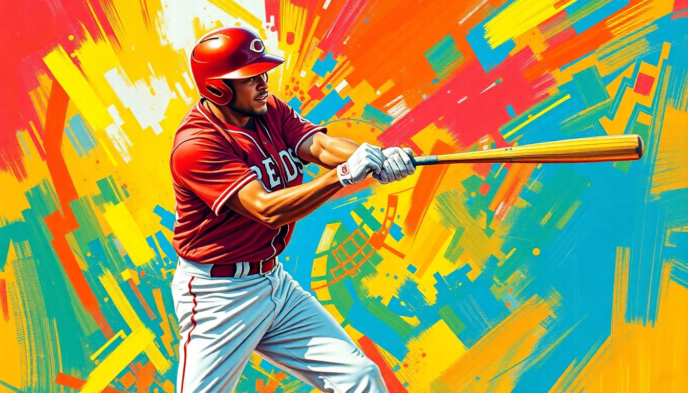 An energetic, expressionist painting using vibrant neon colors and rapid brushstrokes to depict the batting motion of a baseball player, capturing the raw athletic power and movement.