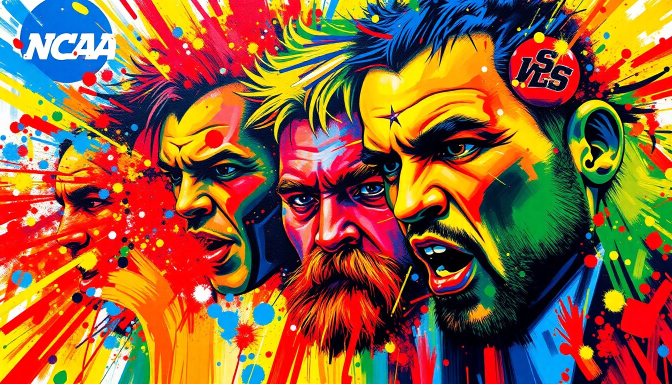 An abstract, expressionist painting in vibrant neon colors, with rapid brushstrokes and dissolving forms, capturing the energy and unpredictability of the 2026 NCAA Wrestling Championships.