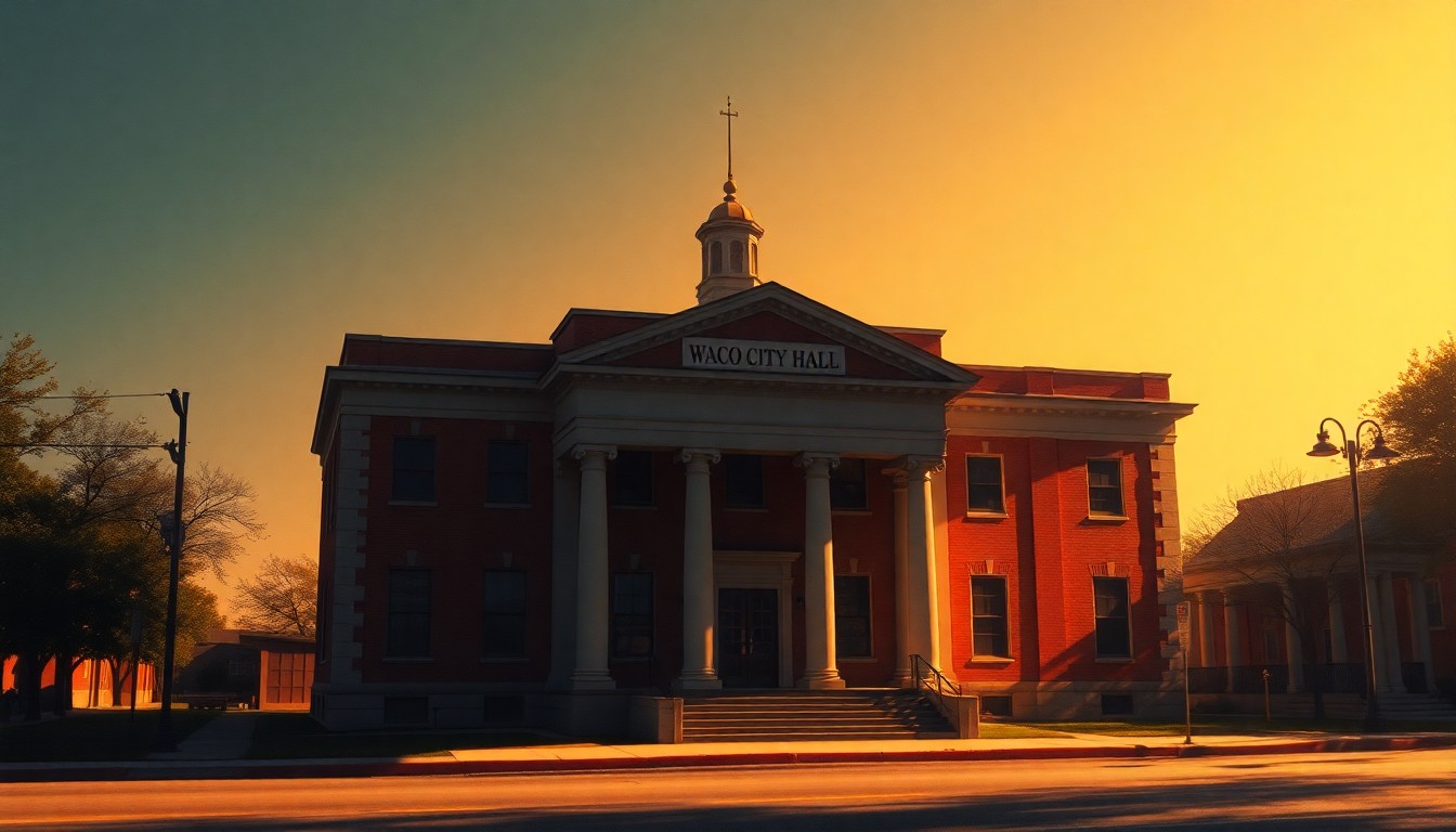 A photorealistic painting of the Waco City Hall building, rendered in the warm, cinematic style of Edward Hopper, with the structure bathed in diagonal sunlight and deep shadows, conceptually representing the high-stakes political contest unfolding within its walls.