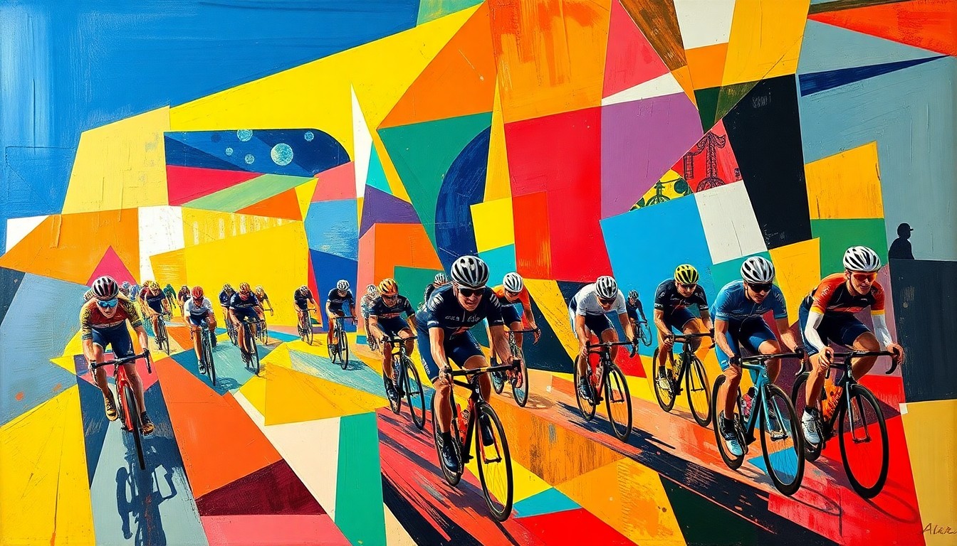 A cubist-style painting featuring overlapping geometric shapes and planes of vibrant colors, representing the dynamic and challenging nature of the Paris-Roubaix cycling race.