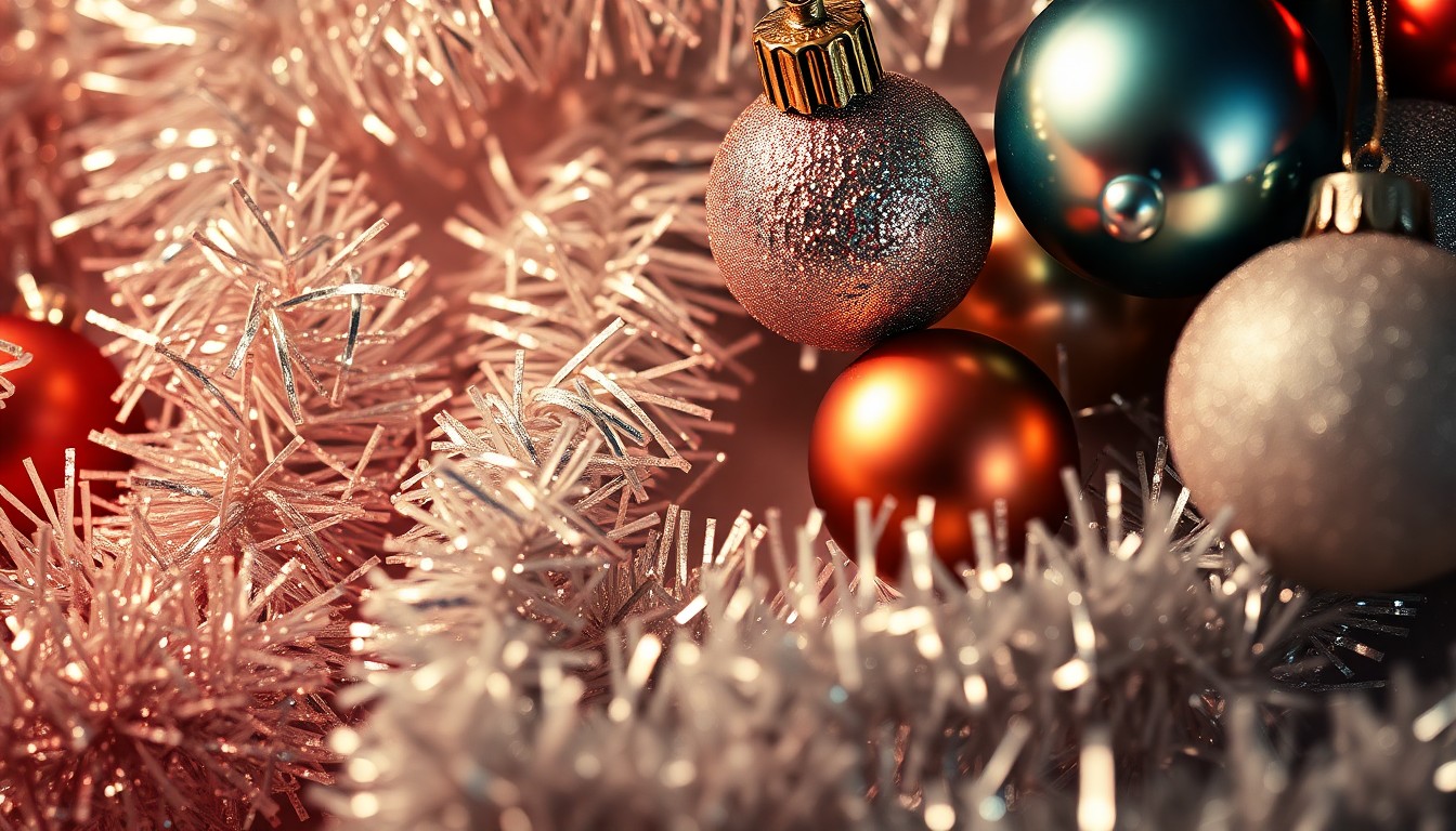An extreme close-up photograph of shimmering, glittery holiday textures like tinsel and ornaments, captured in dramatic, high-contrast studio lighting to create a glamorous, festive aesthetic.