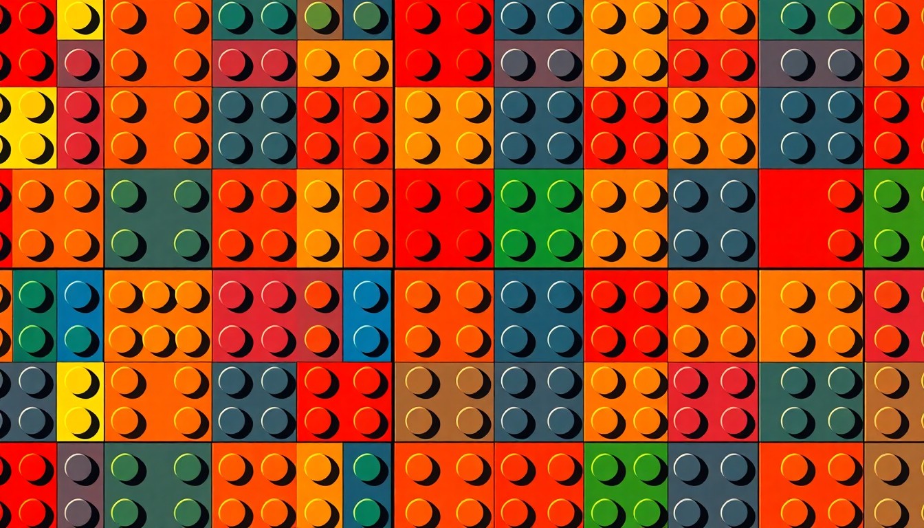 A bold, vibrant silkscreen-style illustration featuring a single Lego brick repeated in a grid pattern, rendered in a neon color palette with heavy black outlines, conceptually representing the accessibility and inclusivity of Lego for the visually impaired.
