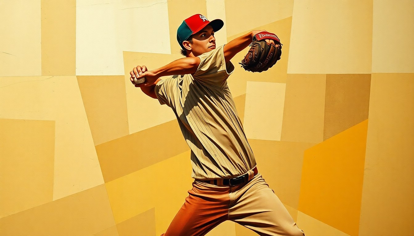 A cubist, geometric painting depicting a baseball pitcher's windup and delivery broken down into overlapping planes of muted earth tones, capturing the fractured motion of the sport.