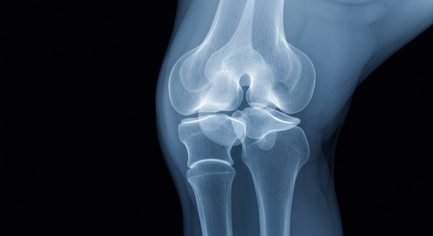 A ghostly, translucent X-ray photograph revealing the intricate internal structure of a human knee joint, with glowing cartilage and bone in shades of blue, grey, and white, conceptually illustrating the clinical nature of the osteoarthritis research.